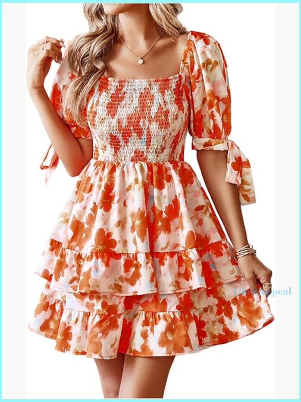 Floral Print Puff Sleeve Square Neck Tiered Layer Shirred Dress